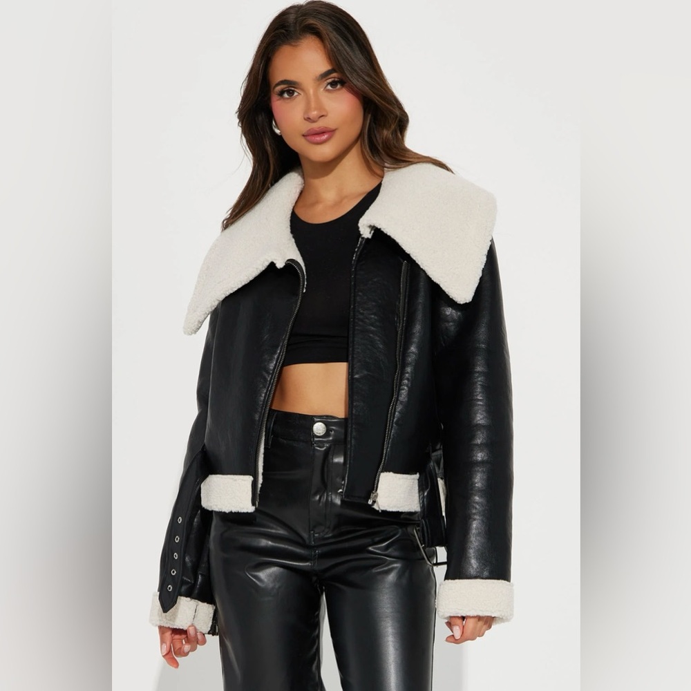 Faux leather jacket with faux fur trim
